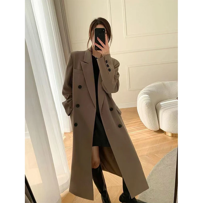 Imagem -04 - Elegante Trench Coat Trespassado Blazer Longo Lady Jacket Streetwear de Escritório Sobretudos Coreano Harajuku Blusão Casual