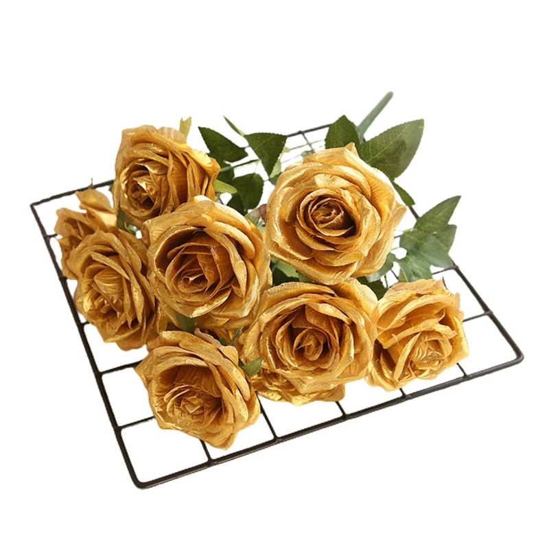 الذهبي الفضة زهرة اصطناعية ، DIY بها بنفسك مواد ترتيب الزهور الزفاف ، باقة الزفاف الحرير ، صور الدعامة ، ديكور المنزل ، 10 1 رؤساء