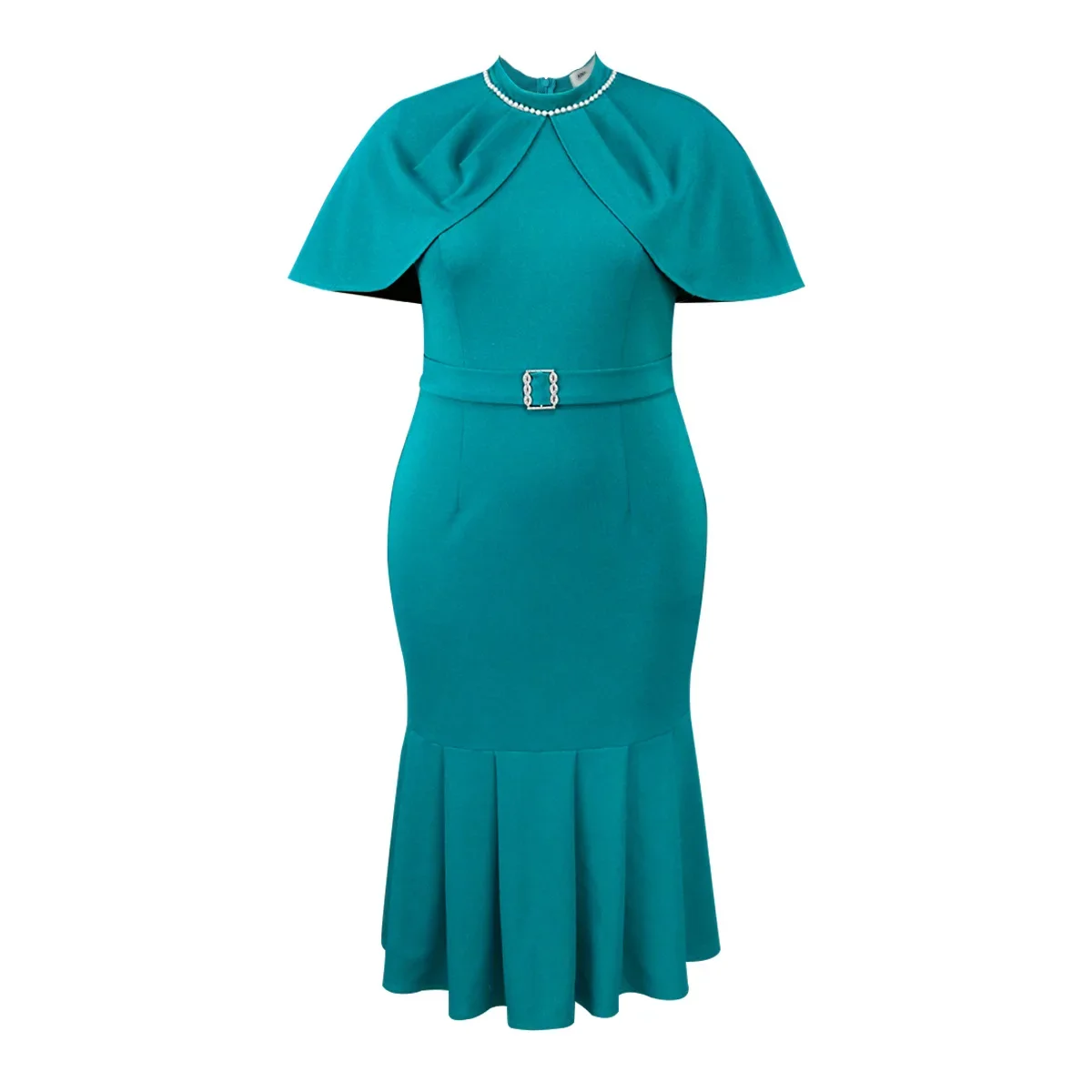 Women Classic Fashion Church Dress Beaded Mock Neck Cape Sleeve High Waist Slim Fit  Mermaid Hem Formal Celebrate Event Gowns