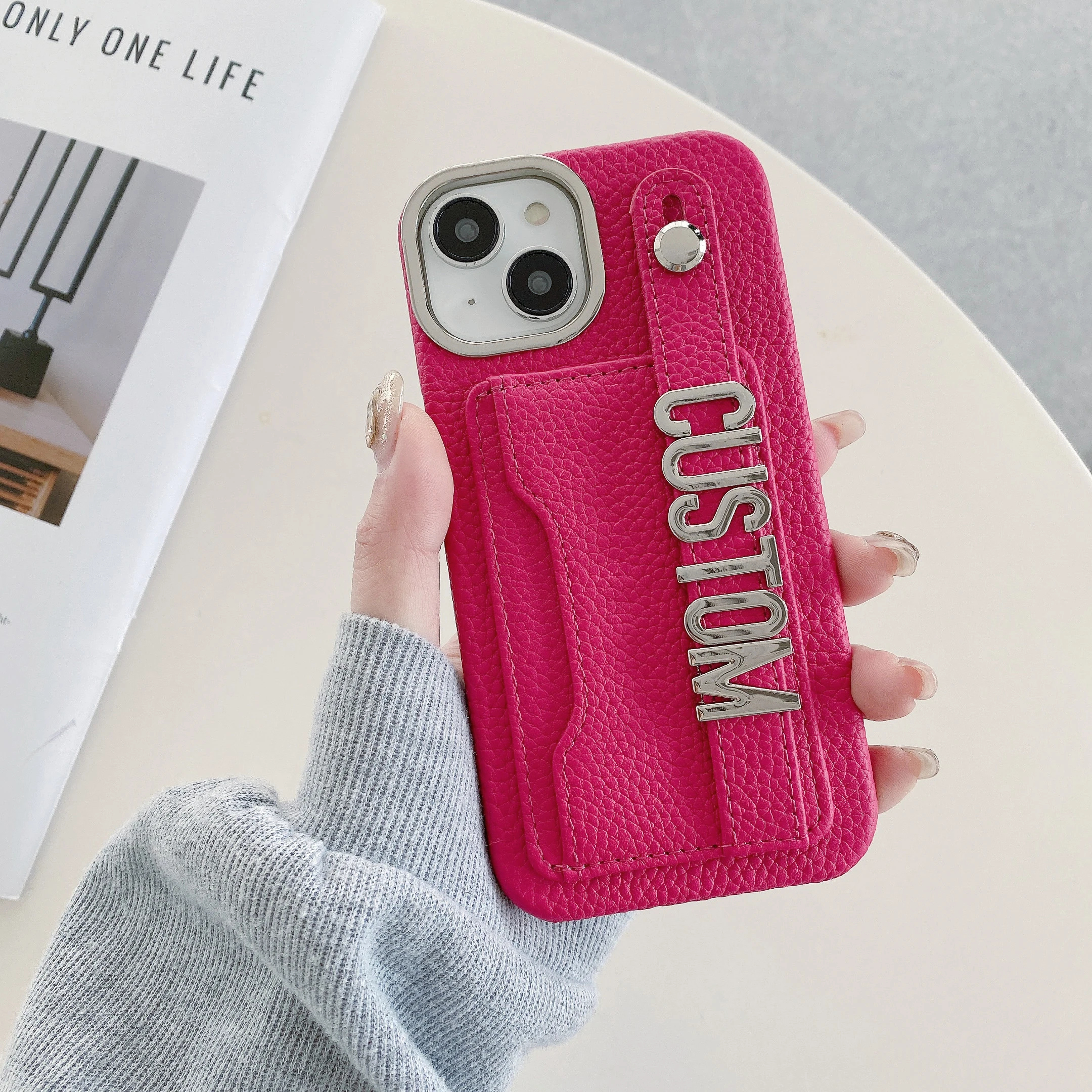 Customized Letters name Genuine Leather Phone case for iPhone15 14 13 12 ProMax 15Plus Personalized Cardholder wristband Cover