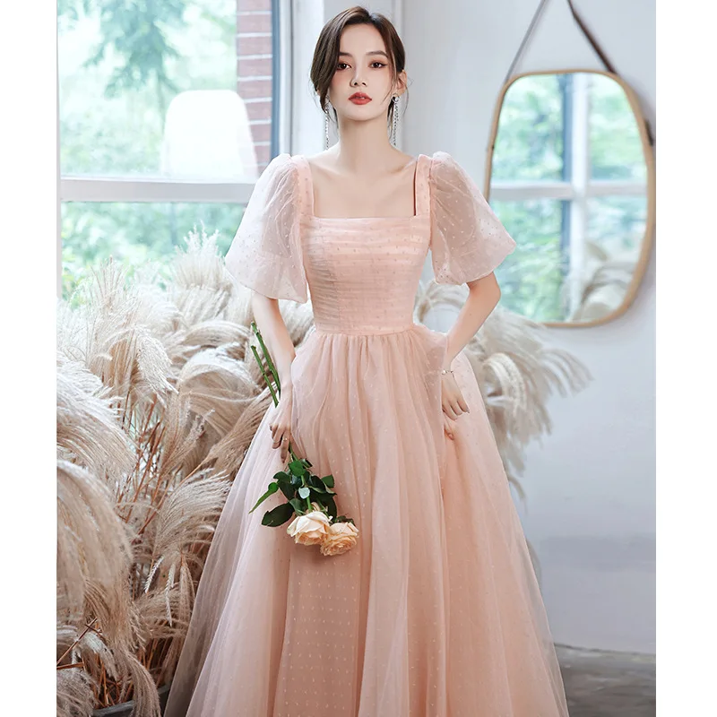 

Prom Evening Party Dress Female French Celebrity Princess Pink Gauze Skirt Birthday Elegant Cheongsam Sexy Square Neck Dresses