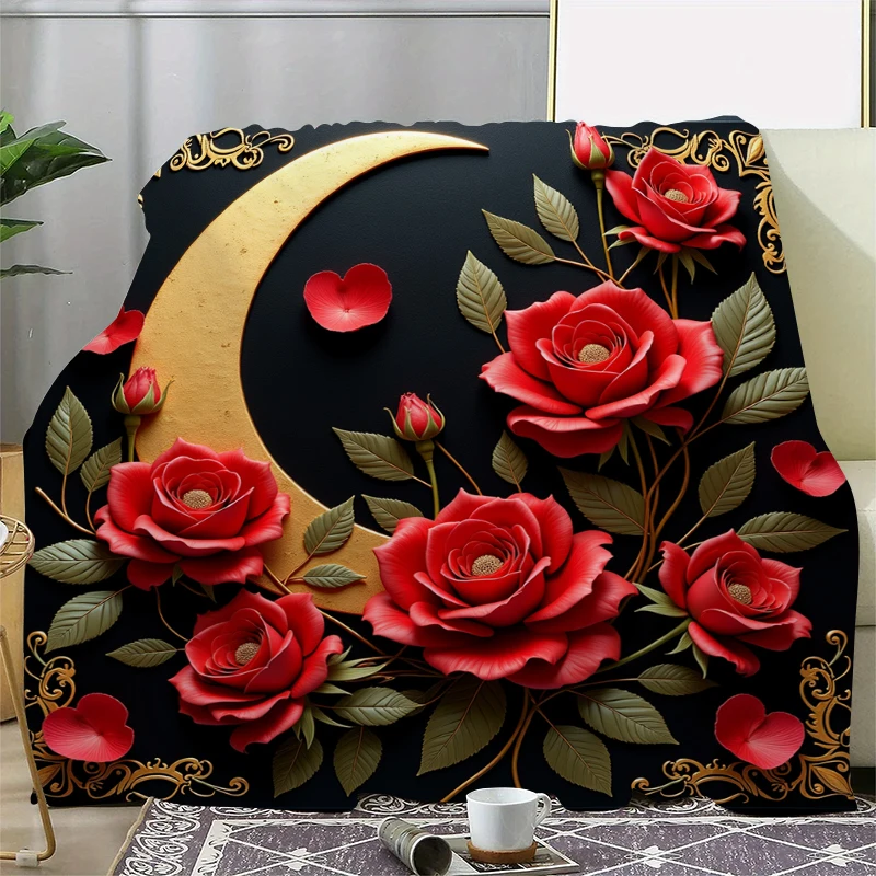 Valentine's Day Moon and Roses Throw Blanket Flowers Black Gold 3D Printing Plush Soft Fluffy Blanket Gift for Women Girlfriend