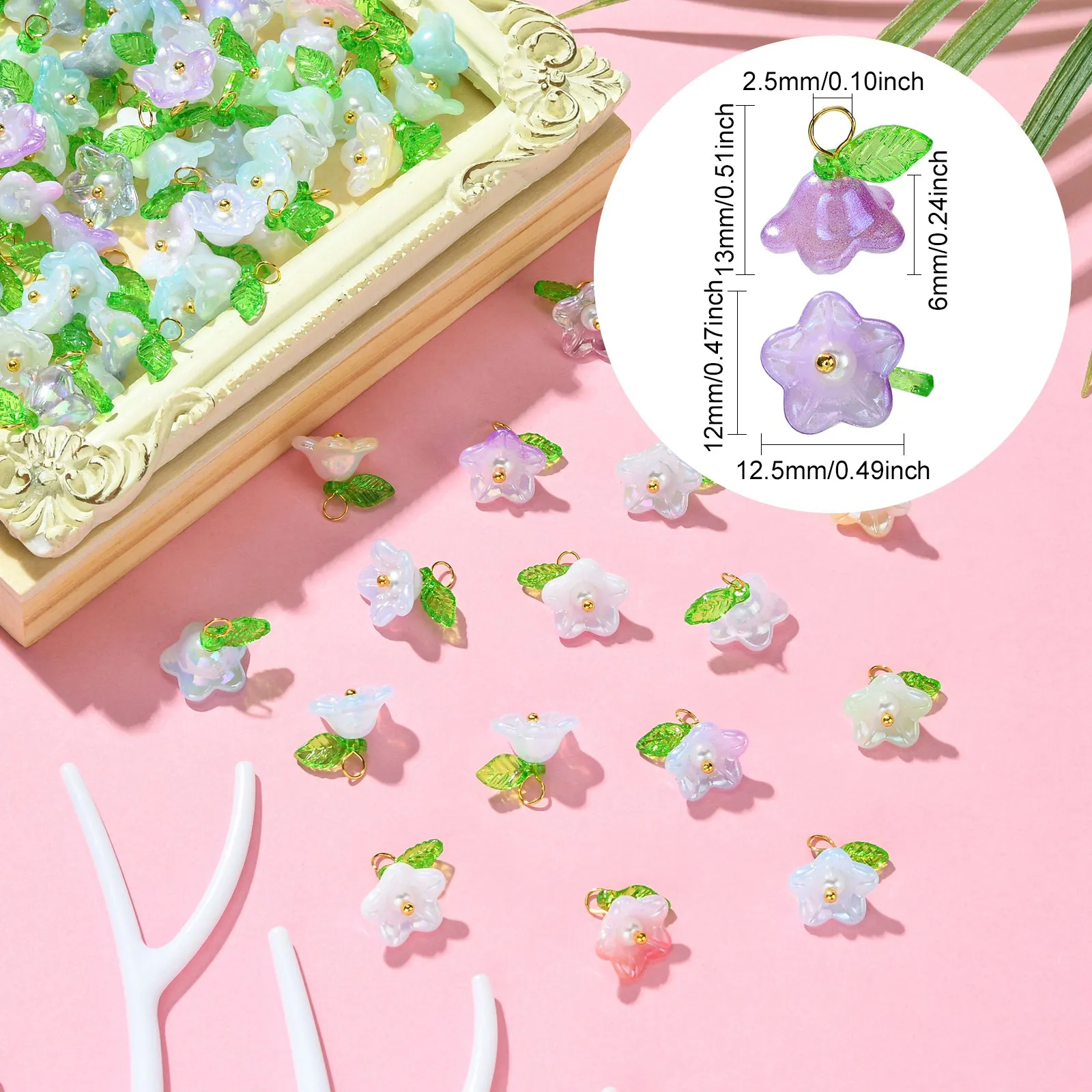 100Pcs Mixed Colors Acrylic Flower Charms Lily of the Valley Charms Bell Floral Pendants for Jewelry Making Bulk DIY Bracelet