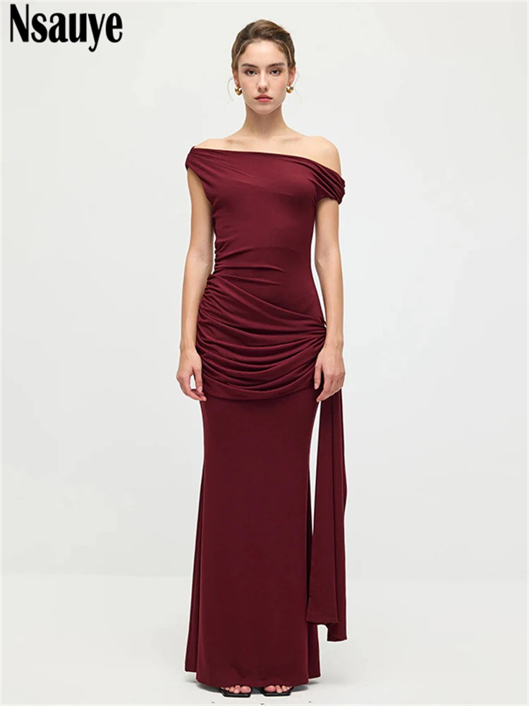 Nsauye エレガントな女性用ワンショルダーセクシーレースアップロングボディコンファッションドレス2025アウトフィットブラックナイトクラブパーティーイブニングドレス