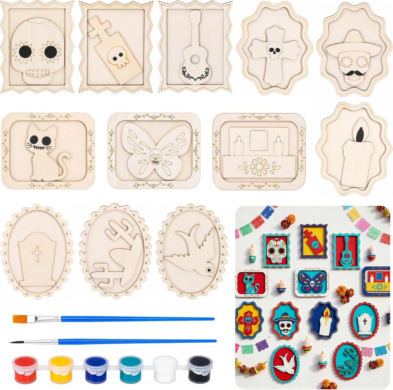 Halloween 12-piece DIY Hand-painted Wooden Ghost Photo Frame Set, Includes Paint and Brush, Halloween Wooden Decorations
