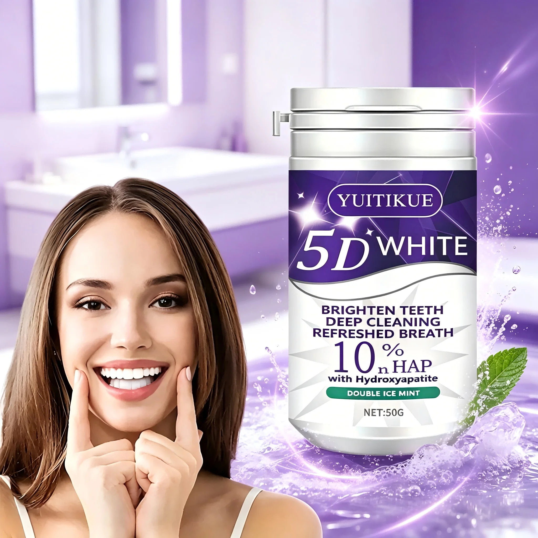 10% Hydroxyapatite Tooth Powder | 5D White Brightening | Deep Clean & Fresh Breath | Double Ice Mint