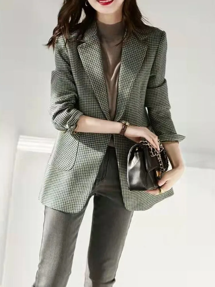 Plaid frauen Blazer Single Button Business Vintage Elegante Einfarbig Langarm Casual Casual Süße Mäntel Herbst