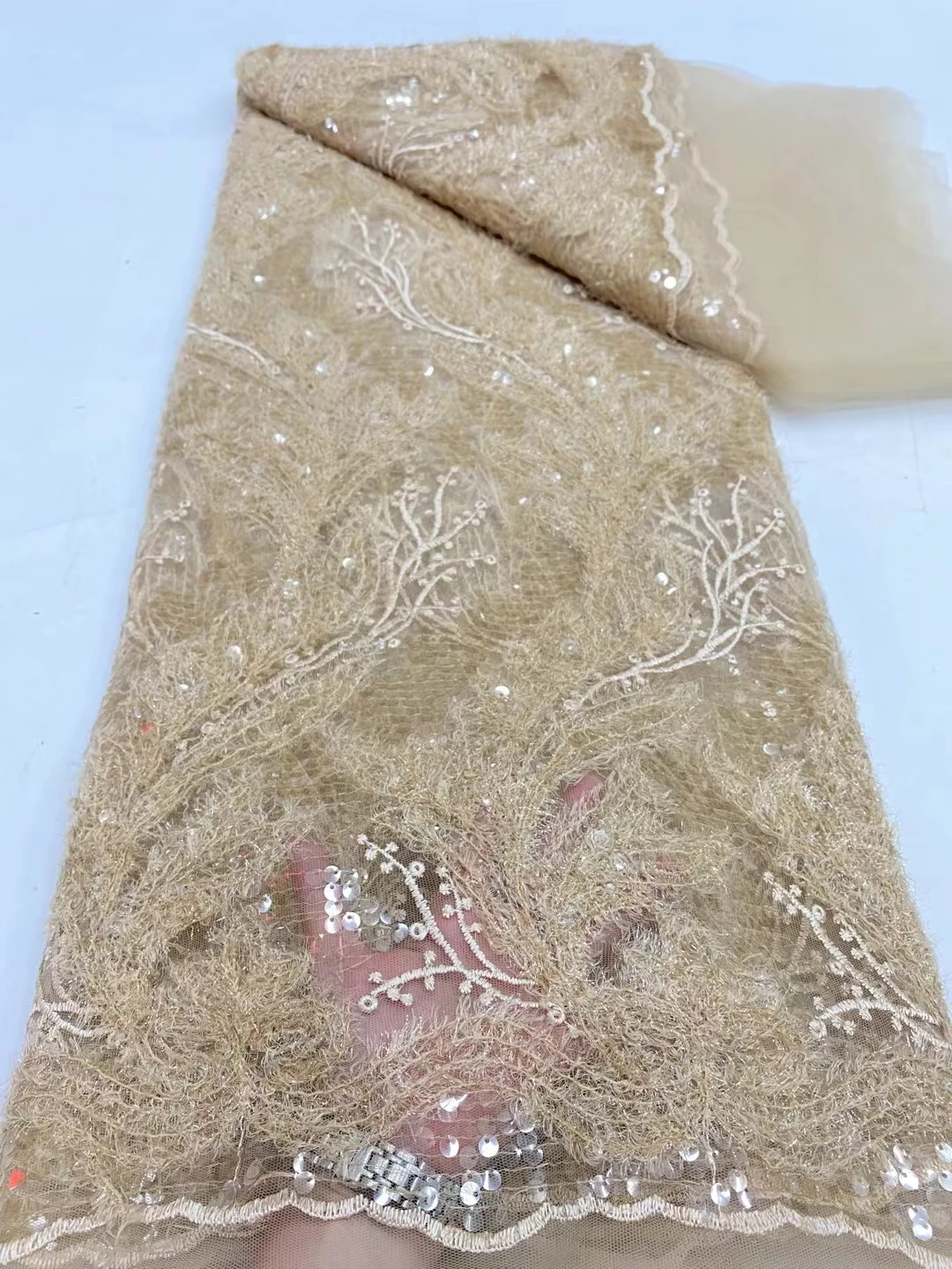 NDPN362 Beige!Wholesale African net lace fabric with sequins,good quality embroidered French tulle lace for party/wedding dress