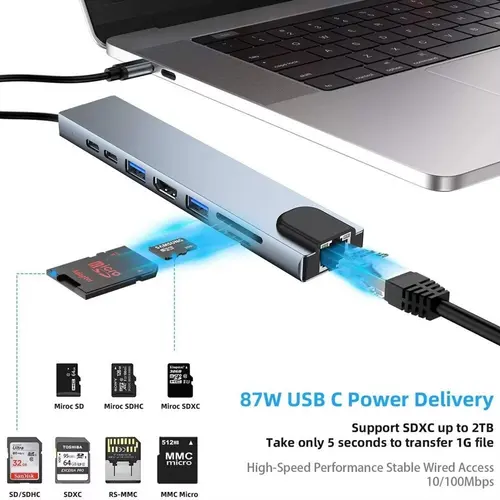 Imagen 2 del producto Base de Conexión USB C, Carga Rápida PD de 100 W, Extensor 4K a 30 Hz, Ethernet RJ45 de 100 Mbps, USB 3.0, Hub para Auriculares, Lector de Tarjetas SD y TF, Adaptador 8 en 1