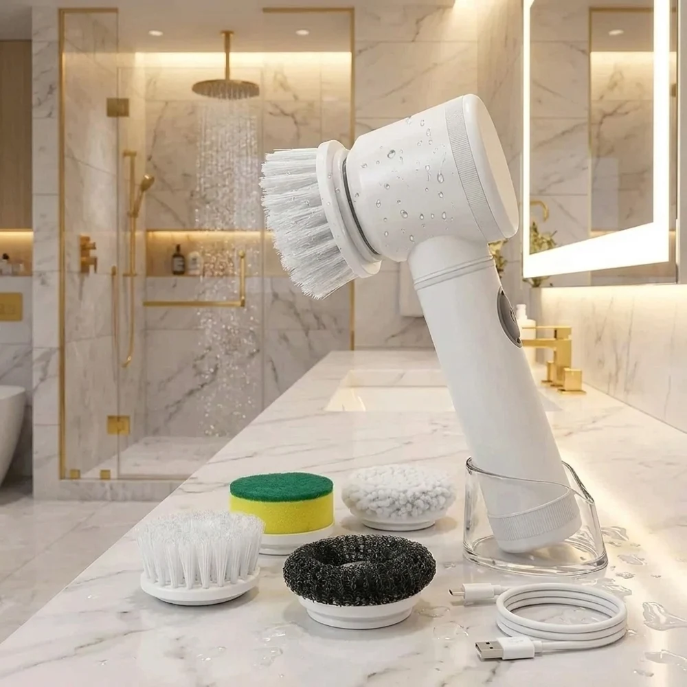 

Cordless Electric Spin Scrubber with 5 Replaceable Brush Heads USB Rechargeable Waterproof Power Cleaning Brush Multi-purpose De