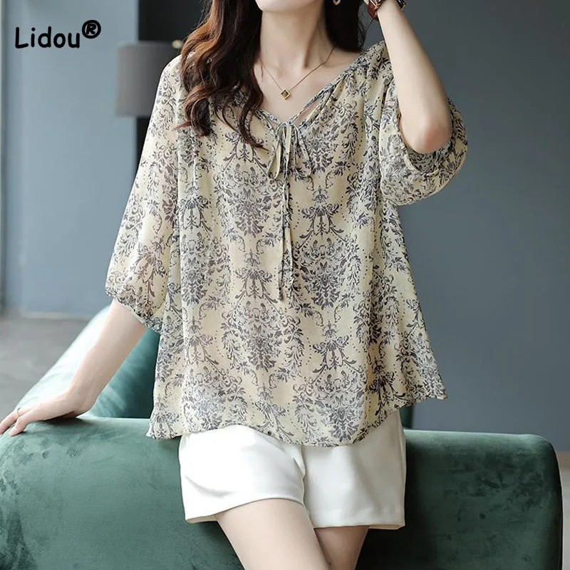 

Women's Clothing Loose Fashion Lace Up Printed T-shirt Summer Elegant All-match Female V-Neck Half Sleeve Chiffon Pullovers Tops