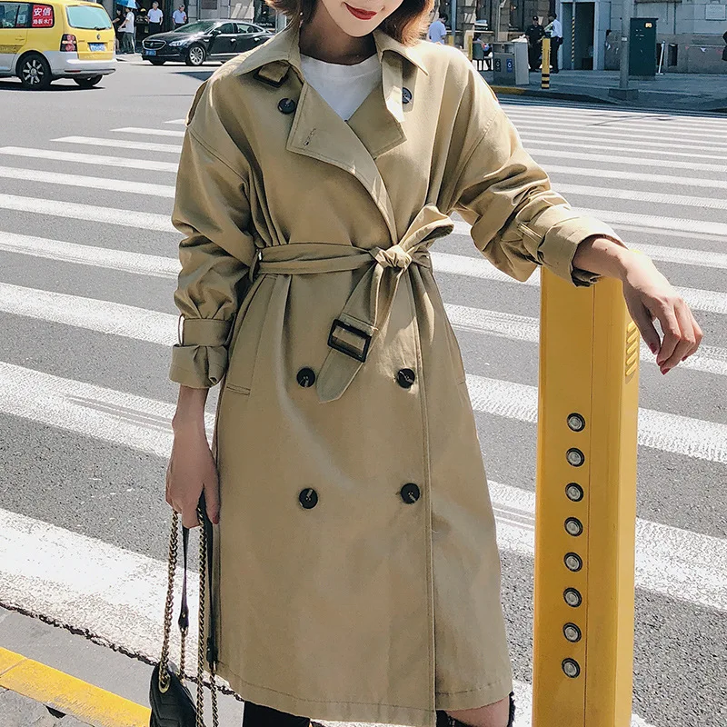 

Nice Pop Women Autumn Long Sleeve Double Breasted Long Trench Coat Female Pocket Windbreaker Khaki Casual Outerwear Overcoat 825