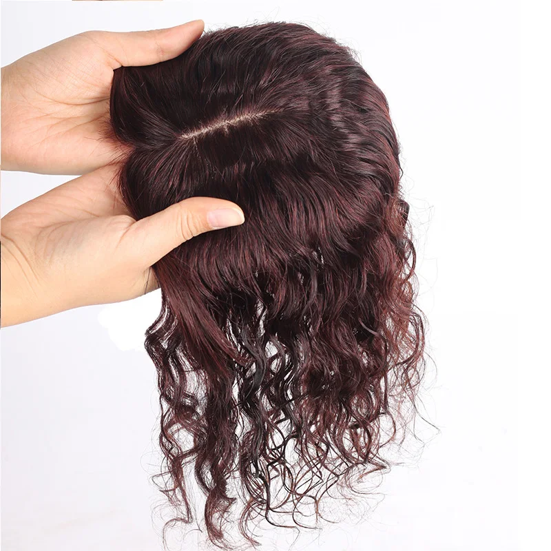 B13x15cm Silk Top Base  Clip In Topper Curly Women Toupee With Bangs Breathable And Soft Real Human Hairpiece Brown Color