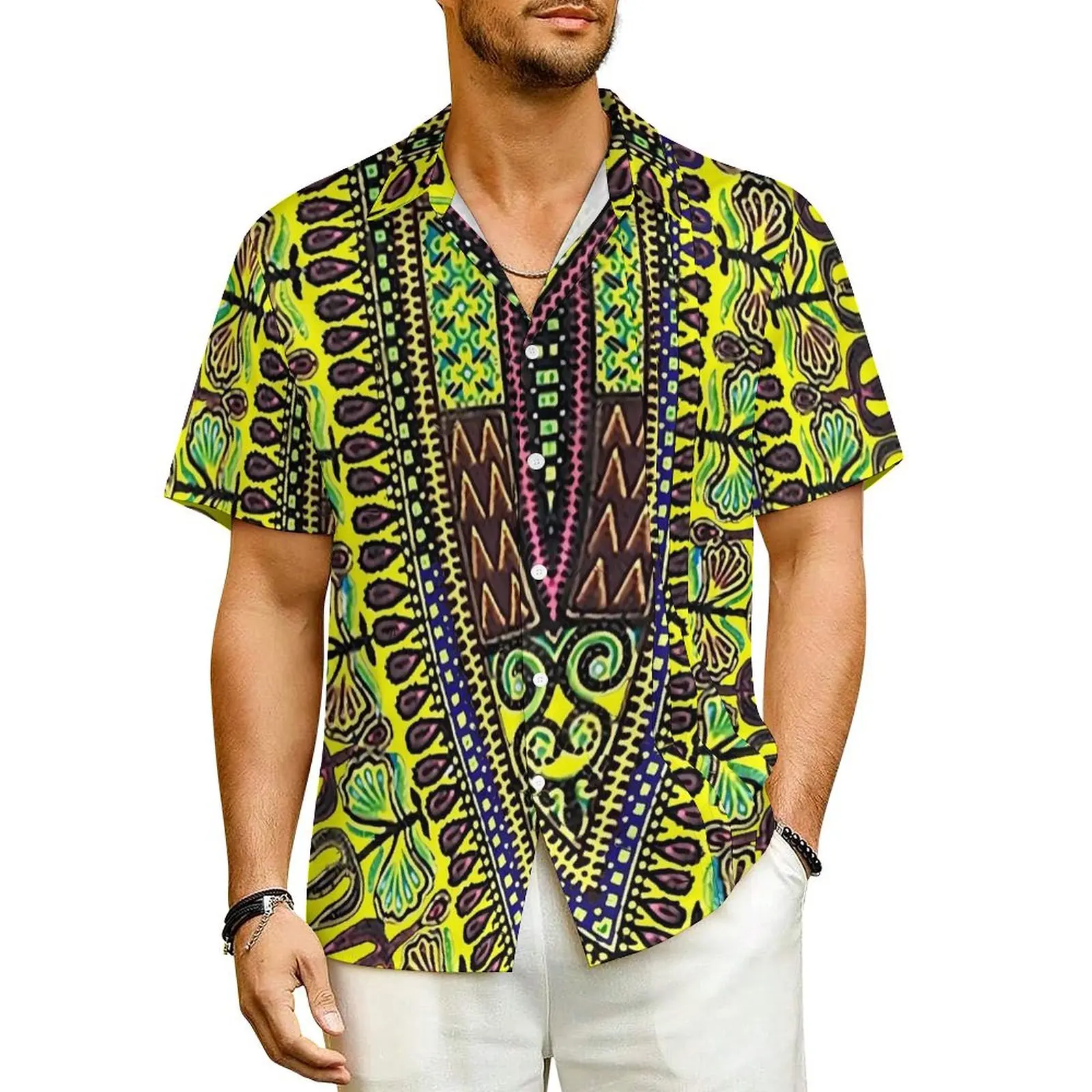 

Yellow Dashiki Casual Shirt African Print Novelty Hawaiian Shirts Male Short-Sleeved Beach Harajuku Graphic Oversized Blouses