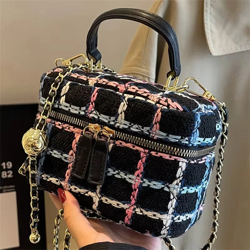 Fashion Plaid Print Tweed Crossbody Bag for Women Casual Versatile Female Shopping Chain Shoulder Pack Large Capacity Handle Bag