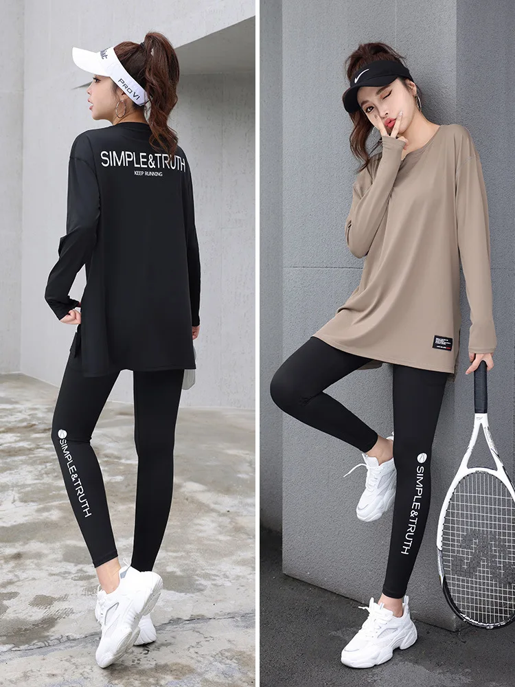 

Спортивные комплекты из 2 предметов для йоги, свободная футболка большого размера с длинными рукавами + леггинсы с высокой талией, дышащие эластичные комплекты для фитнеса, бега, тенниса