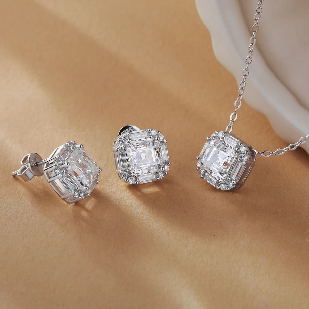 

Ювелирный набор с огранкой Ашер, полностью из муассанита, для женщин, серебро S925, серьги-гвоздики, кулон, ожерелье, подарки на день рождения, с сертификатом