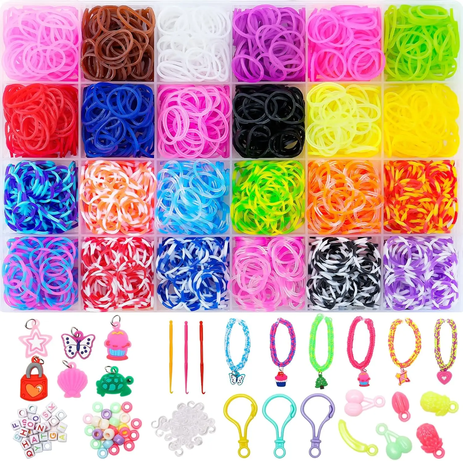 

24 Colors Rubber Band Bracelet Kit for Kids Ages 6+, DIY Craft Bracelet Making Set with 1400+ Bands