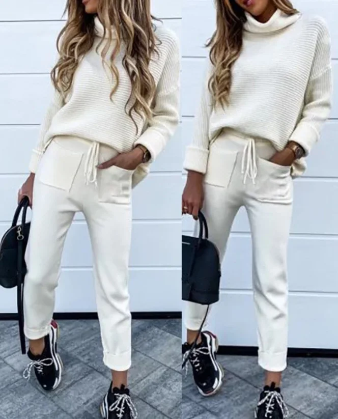 

Y2K Turtleneck Long Sleeve Knit Top&drawstring Pants Set 2024 Autumn/winter New Fashion Casual Solid Color Two Piece Set