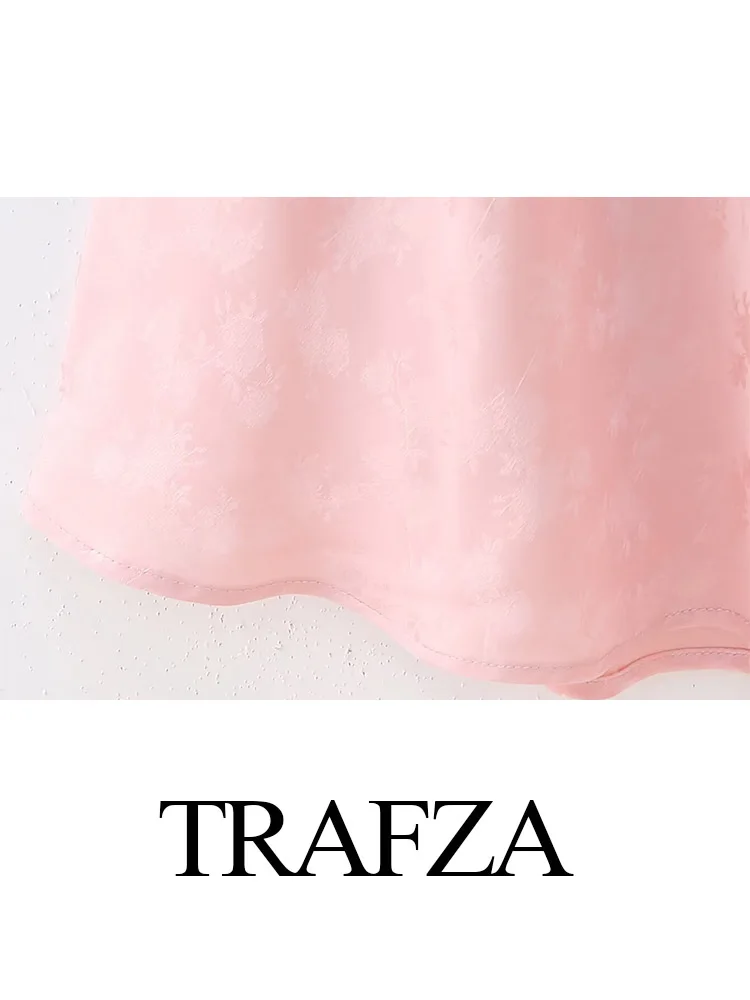 TRAFZA Women Summer New Fashion Pink Silk Satin Textured Jacquard Skirt Female Chic Elegant Zipper Slim High Street Skirt Mujer