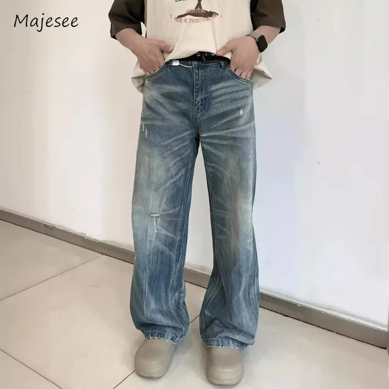 

Jeans Men Autumn Fashion Cozy Chic European Style Vintage Straight Trousers Daily Washed Full Length Gradient Color Simple Soft