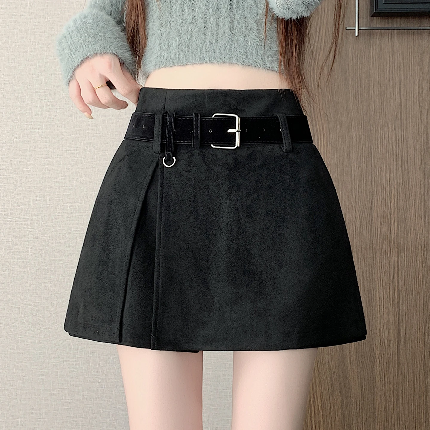 2026 New Korean Faux Suede A-Line Bodycon Skort for Women Fall Winter Front Side Slit Mini Skirt with Belt