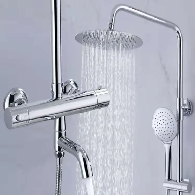 Bathroom Outdoor Chrome Brass Bathroom Rain Column System Faucet Kits Thermostatic Mixer Shower Set