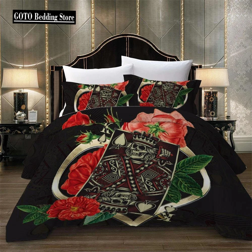 

Bed Linens Reactive Printing Quality Duvetcover Set Sugar Skull King Size Comforter Set Rose Poker Bone 2/3pcs Bedding Black