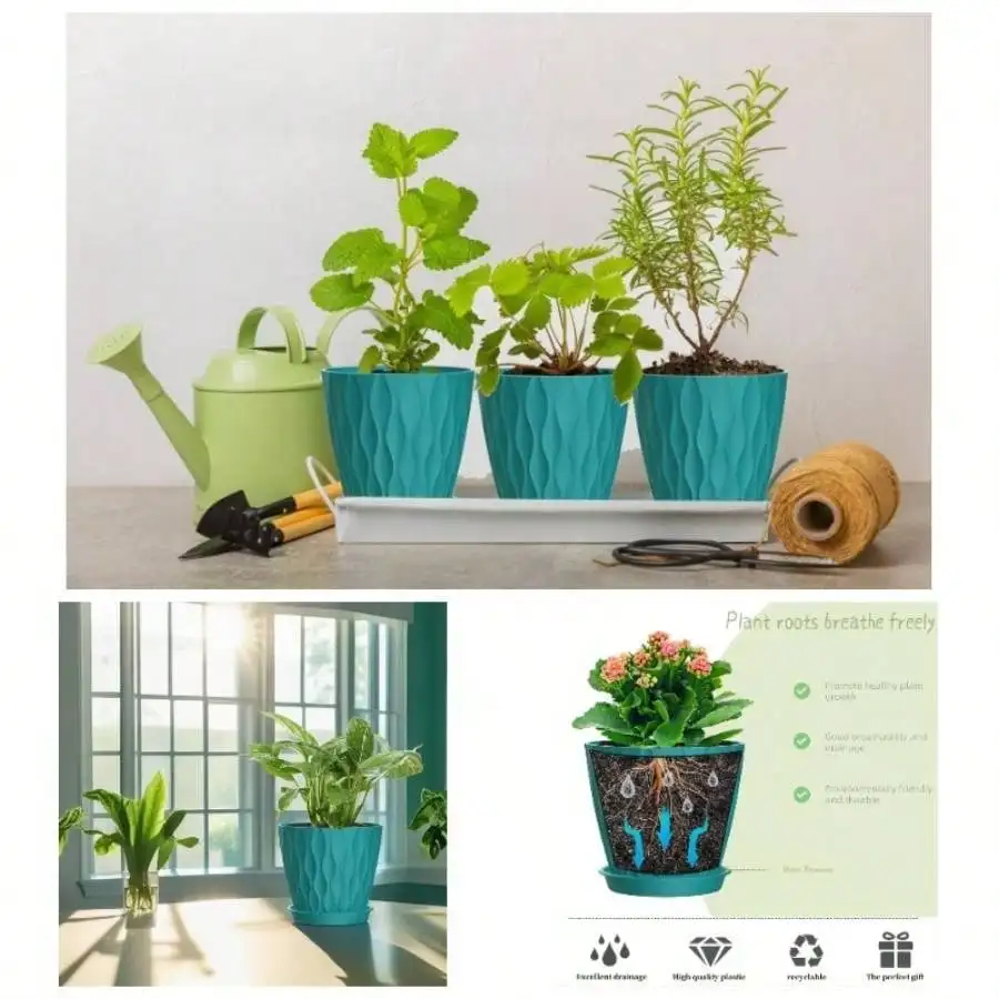 

6 Pack 4 Inch Plant Pots: Blue-Green, With Drainage Holes & Trays, For Indoor Plants