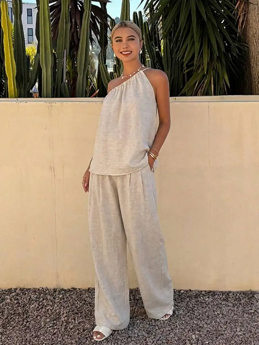 

Asymmetric One Shoulder Cropped Top And Wide Leg Pants Set For Women Casual Vacation Outfit