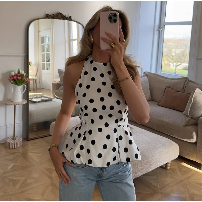 Vintage Polka Dot Backless Top Women