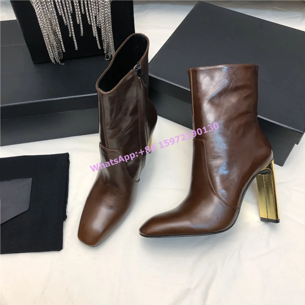 Gold Strange Style Heels Ankle Boots Real Leather Sewing Solid Side Zipper Pointy Toe Short Boots Women's Winter Runway Shoes