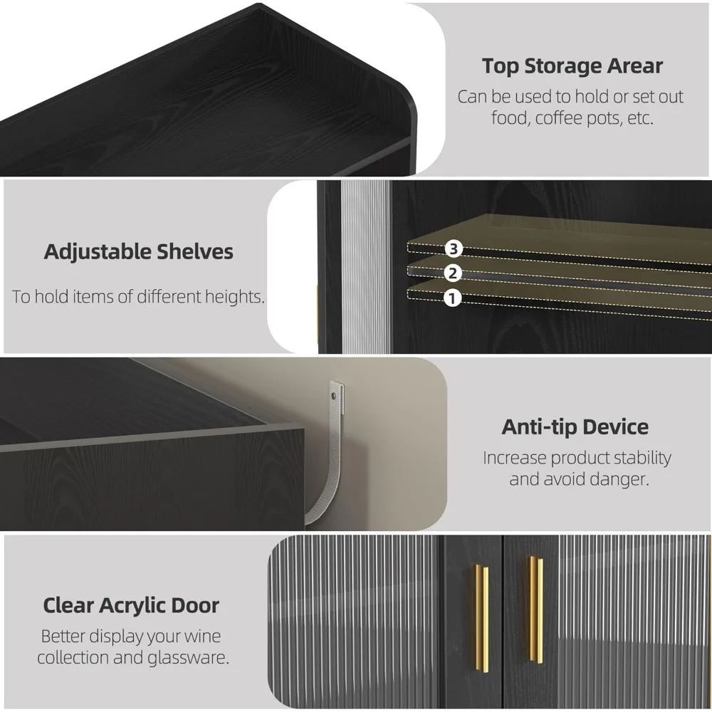 Lemari Bar Anggur Hitam dengan Lampu LED Kontemporer, Desain Mengambang untuk Penyimpanan Kopi, Bufet Dapur, Lebar 35,43 x Tinggi 15,7