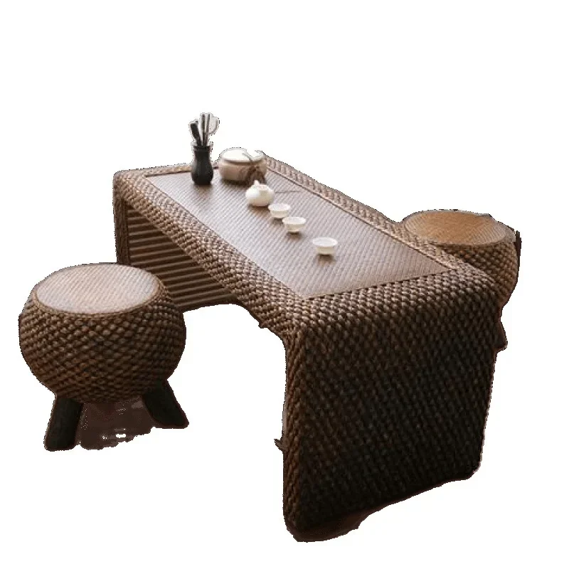 Simple rattan living room coffee table antique balcony tea and chair combination straw tatami kung fu tea table floor