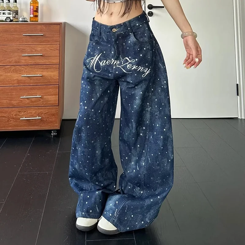 Y2K Streetwear Jeans Women Letter Star Print Loose Casual Wide Leg Denim Pants Vintage Harajuku High Waist Straight Trouser New