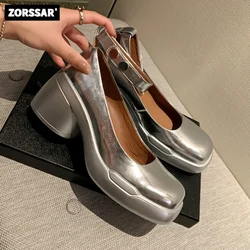 2024 New Silver Women Dress Shoes Medium Heels Mary Janes Shoes Genuine Leather Square Toe Pumps Ankle Strap Ladies Shoe Office