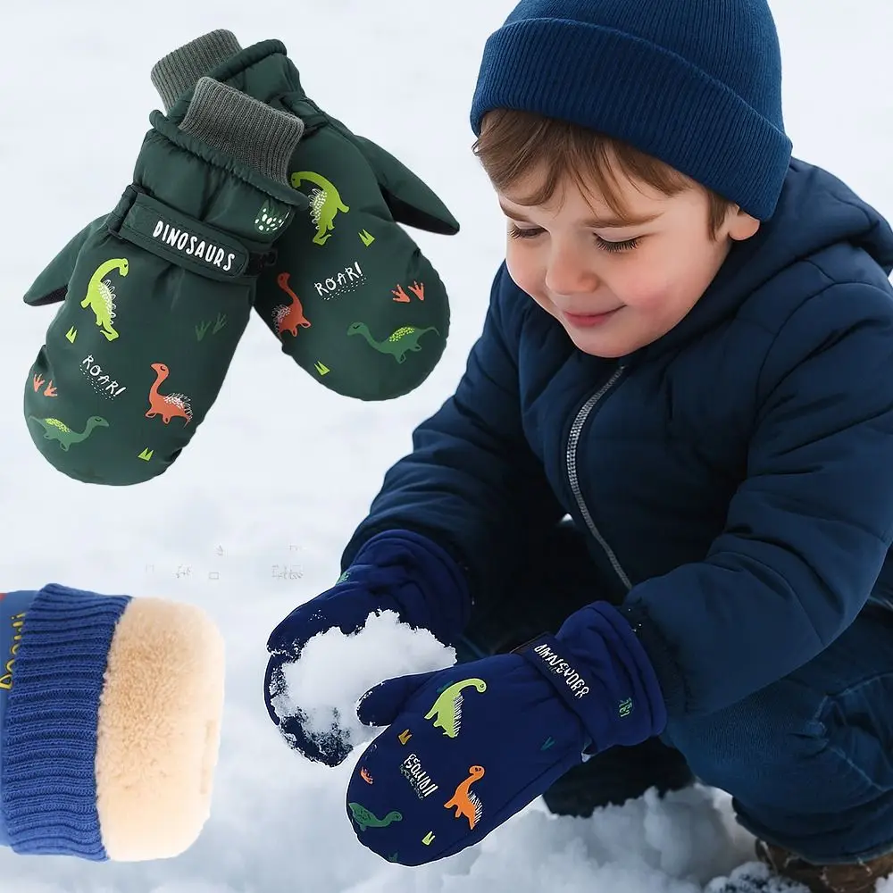 

Cartoon Dinosaur Ski Gloves Lining Waterproof Thermal Snow Gloves Anti-slip Thickened Finger Gloves For Boy Girl Children