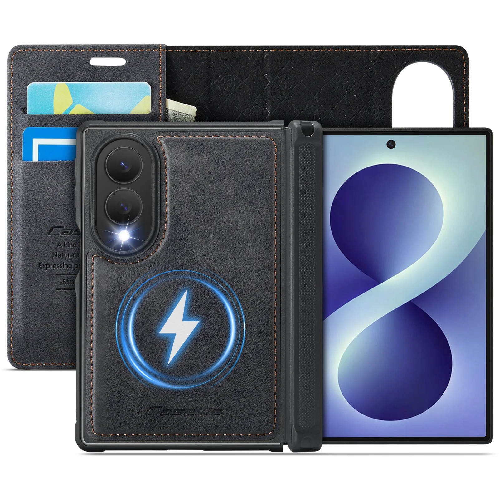 Caseme-C49 2-in-1 Magsafe Detachable Wallet Case For Samsung Galaxy Z Fold 8 Vintage Leather Flip Cover Card Slots Kickstand