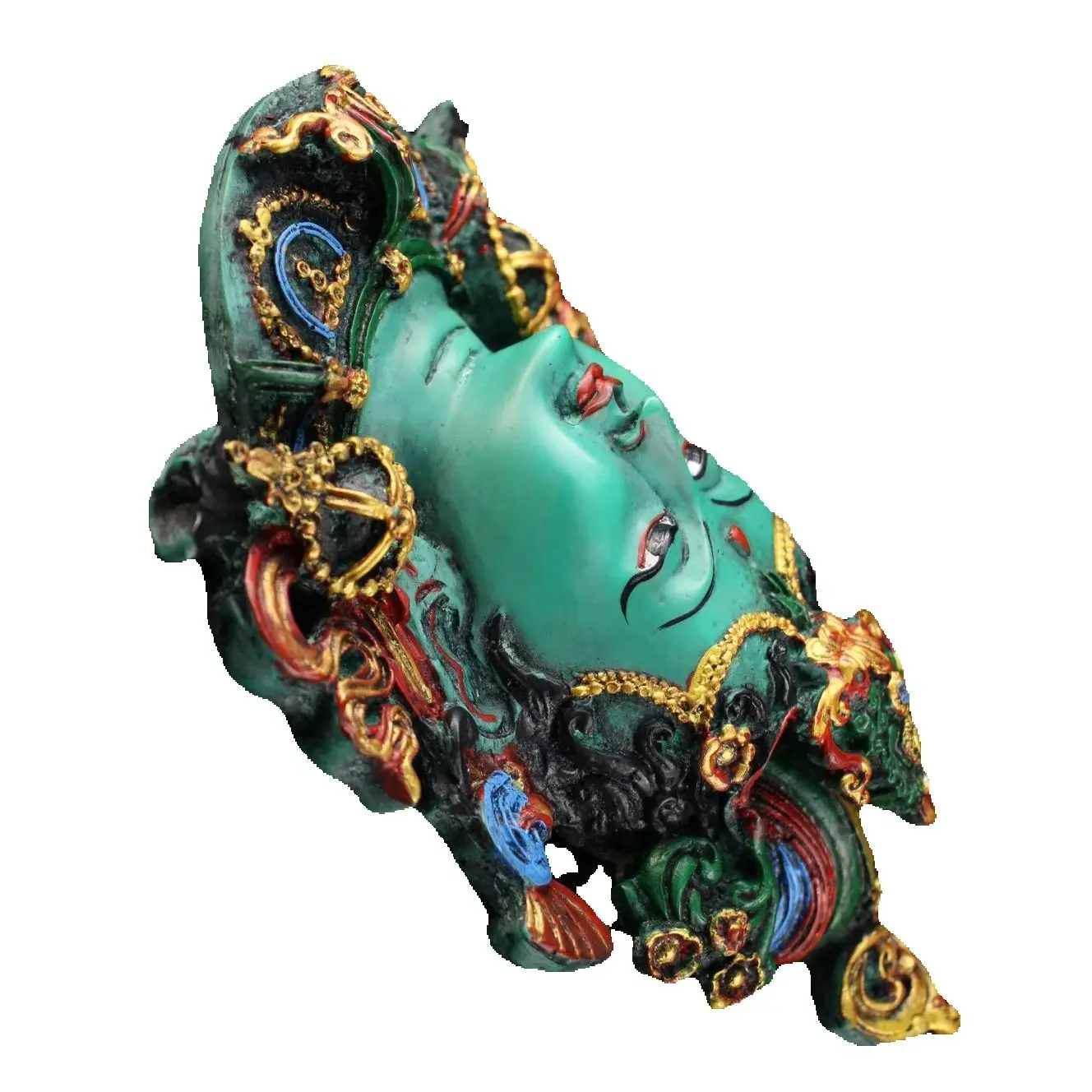 

Old Lacquerware Painted Outline in gold Mosaic Gem Green Tara Buddha Head Mask Town house