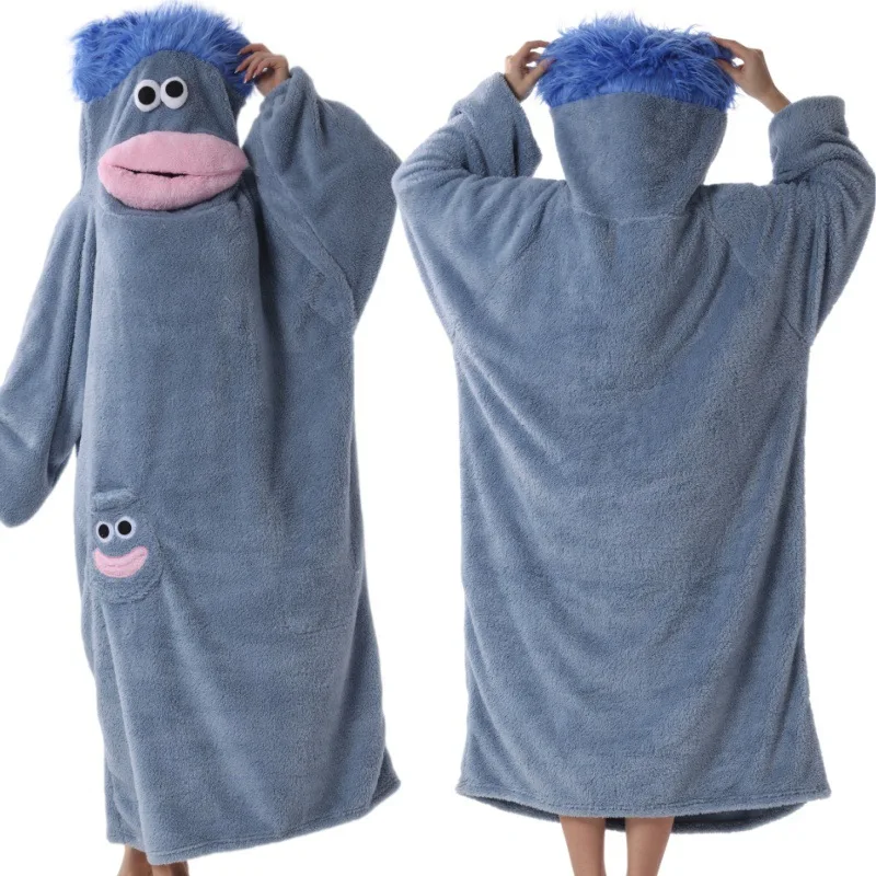 Blue Cartoon Big Mouth Monster Hooded Wearable Blanket Soft Fluffy Coral Fleece Loose Long Robe Cozy Winter Indoor Loungewear