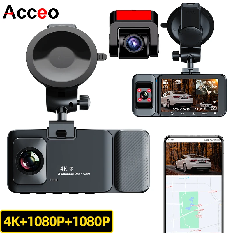 ACCEO B29P 3 Channel WiFi GPS Dash Cam 4K CAR DVR With Night Vision 24h Parking Monitoring Support 1080P Inner And Rear Camera