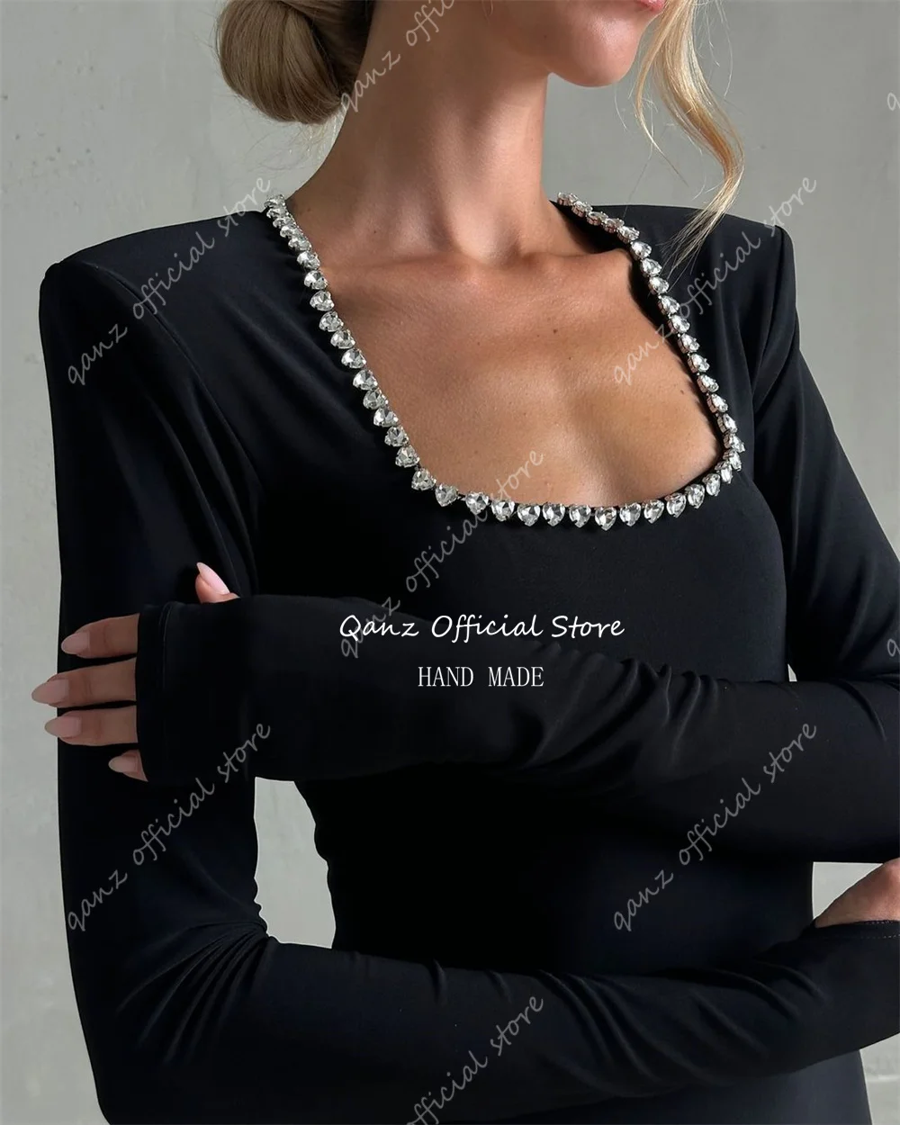 Qanz Moderne schwarze Abendkleider, Kristall, lange Ärmel, Meerjungfrau, schmal geschnitten, Vestidos De Noche, formelles Anlasskleid, individuell gestaltet