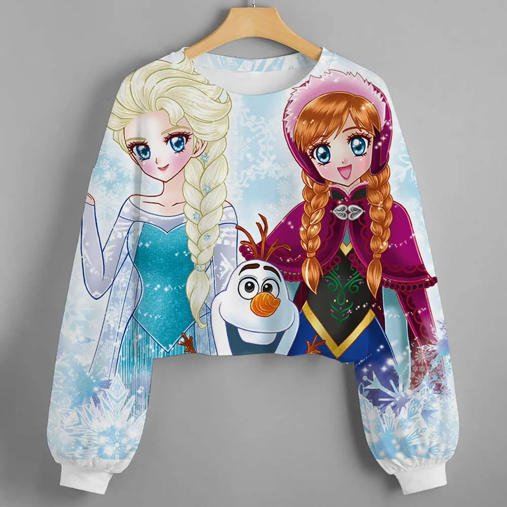 سويت شيرت بقلنسوة قصير جدًا مطبوع عليه رسوم كرتونية لعيد الميلاد من ديزني برينسيس ثلاثي الأبعاد، سويت شيرت هاراجوكو عصري بأكمام طويلة للأطفال #1