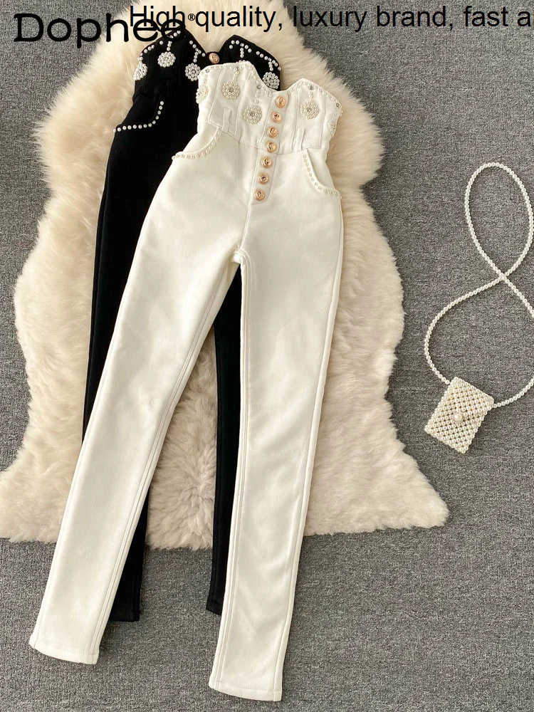 

Autumn 2023 New Winter Fleece High Waist Leggings Women's Outer Wear Korean Heavy Beads Stretch Slim Black Skinny Pants