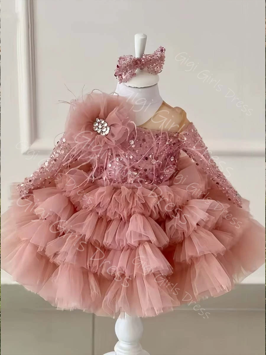 Abito da ragazza di fiore per bambini personalizzato maniche lunghe con paillettes in rilievo fiocco a strati abito da principessa in tulle abito da compleanno al ginocchio personalizzato