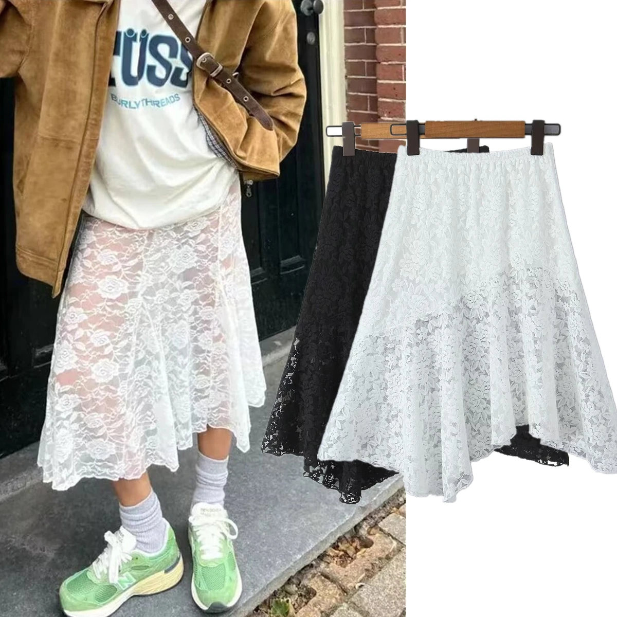 

Dave&Di French Fashion Blogger High Waisted Lace Midi Skirt Women Elegant Ladies Irregular Sexy A-line Skirt