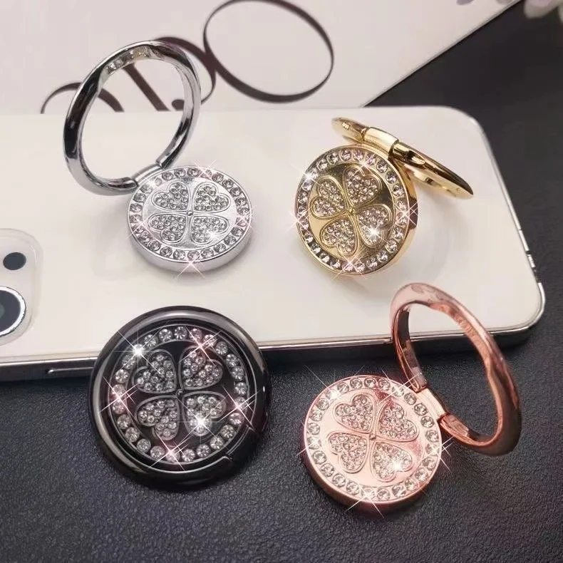 

Finger Ring Holder Stand Grip 360 Rotating For Mobile Phone Mount Phone Xyun Sticker Pad Rhinestone Women's Cute Four-leaf Grass