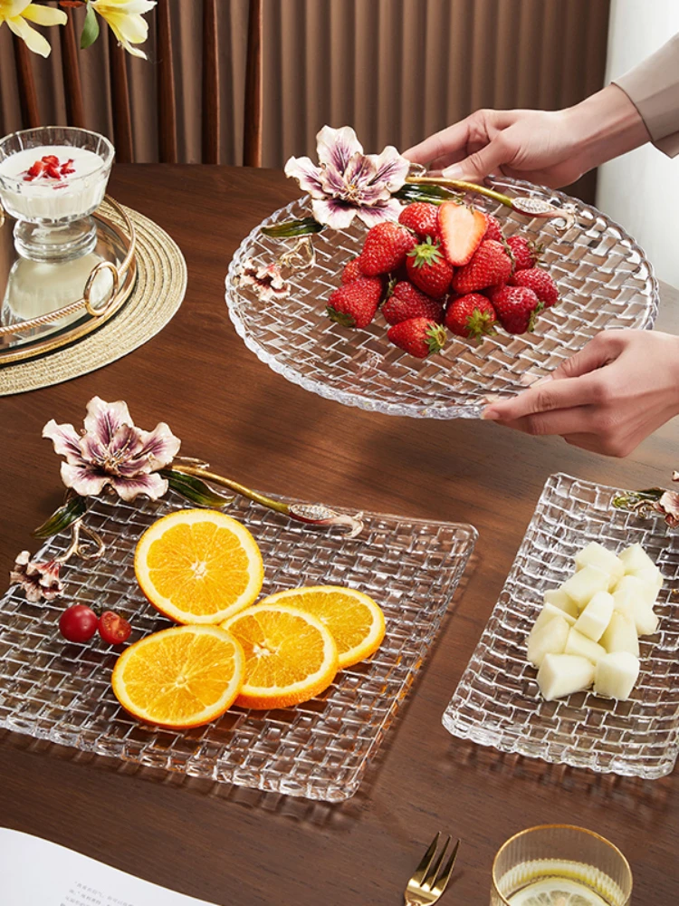 High-End Enamel Color Fruit Plate Light Luxury Crystal Glass Fruit Plate Household Living Room and Tea Table Decoration Dried