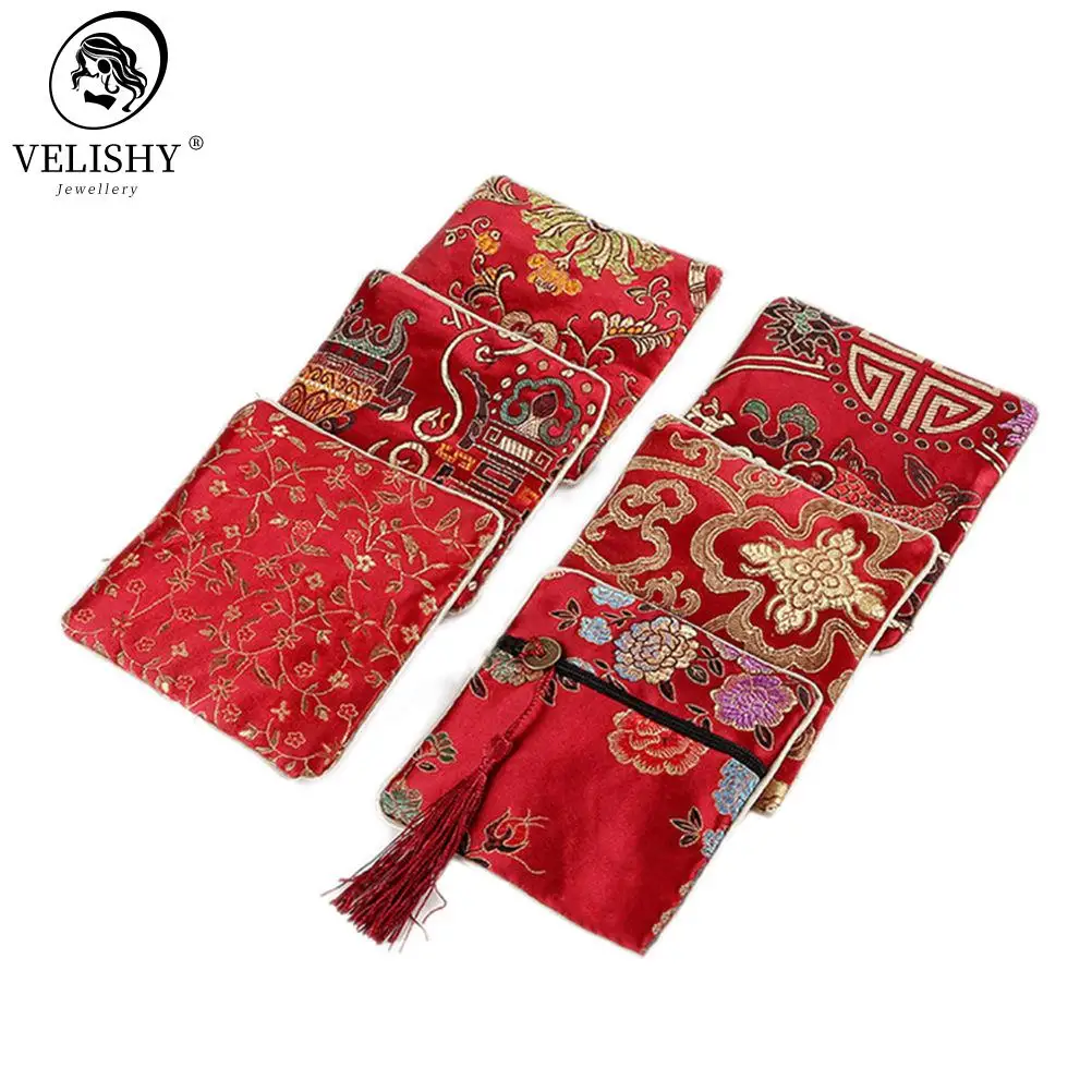 Chinese Brocade Handmade Silk Embroidery Padded Zipper Small Jewelry Gift Storage Pouch Bag Snap Case Satin Coin Purse