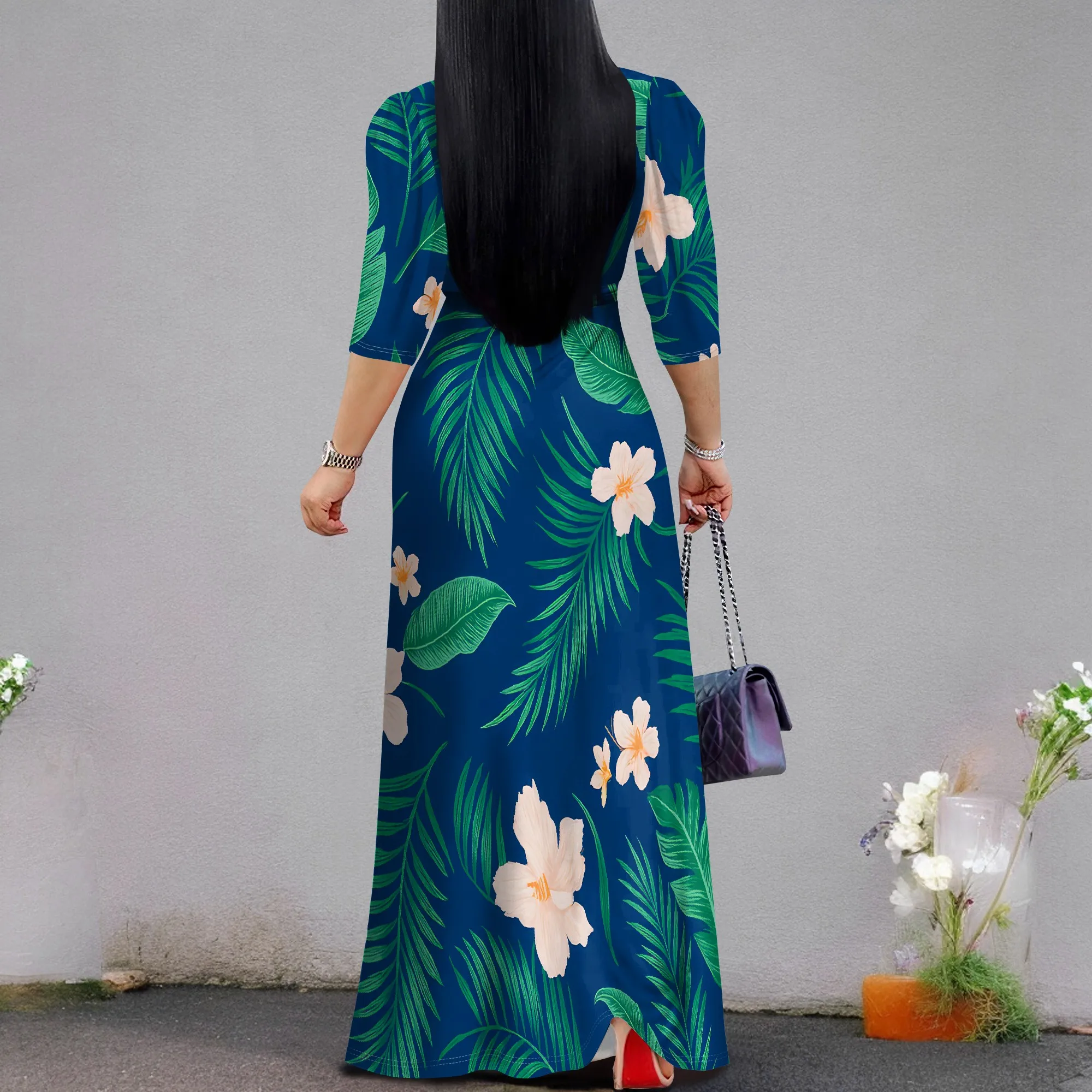 ผู้หญิง V คอ Maxi ชุด Ruffles 3/4 Sleeve ชุดเดรสดอกไม้งานแต่งงาน Sundress กับเข็มขัด